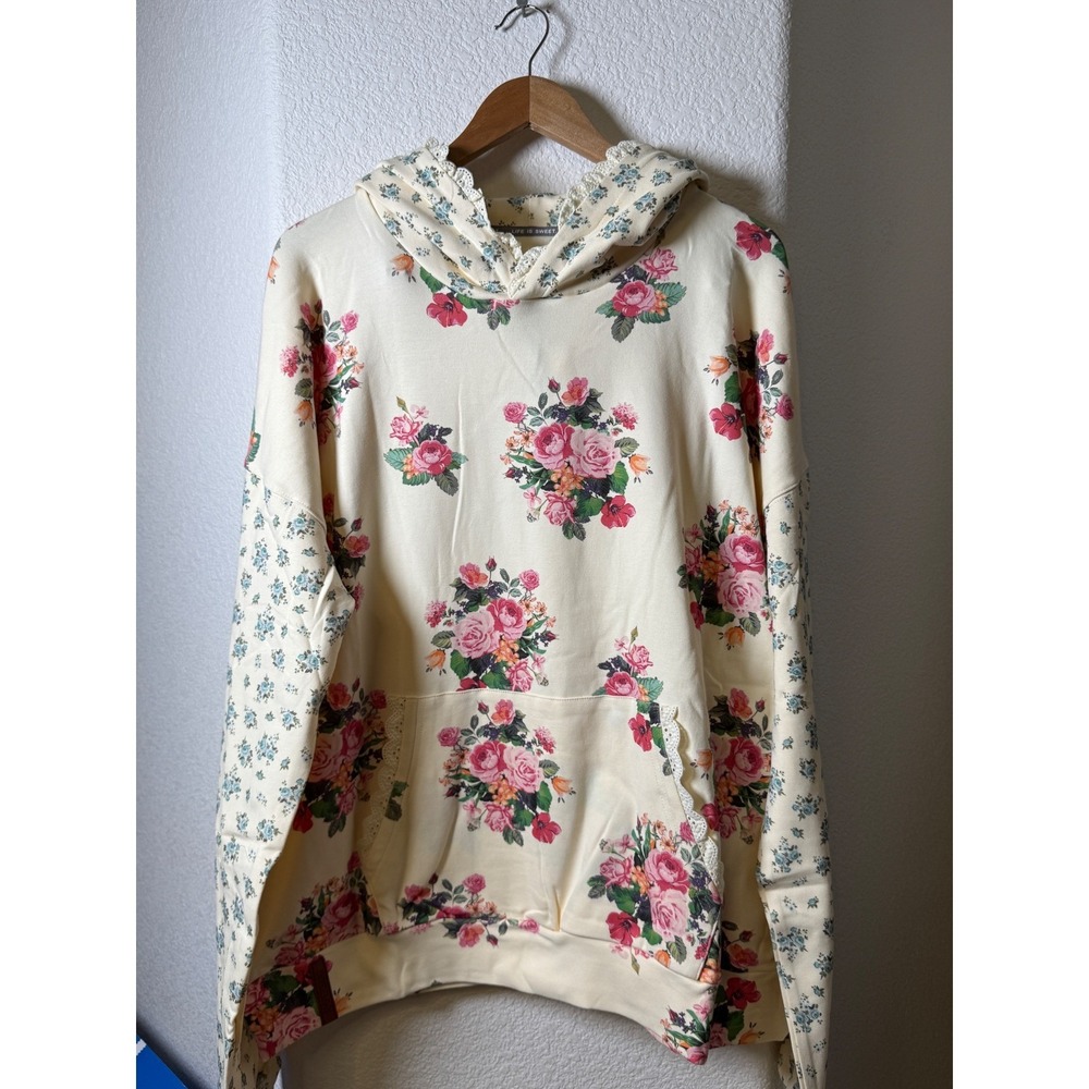 Ampersand Avenue Golden Hour Garden University Hoodie Floral Lace Trim 3XL NEW - Picture 3 of 12